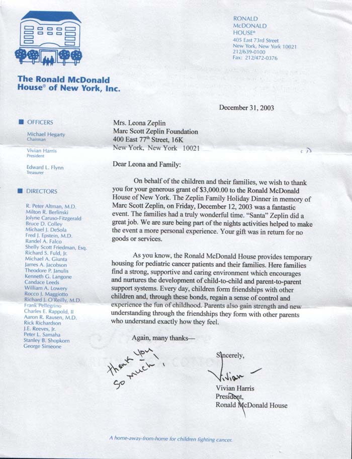 Letter from Ronald McDonald House